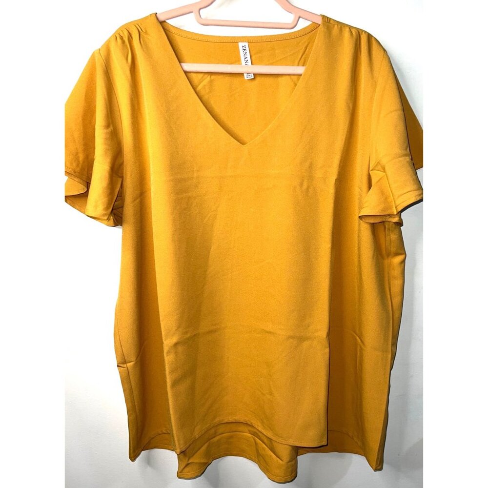 Zenana Mustard Yellow V-Neck Short Sleeve Top 2X Polyester/Spandex Blend NWOT